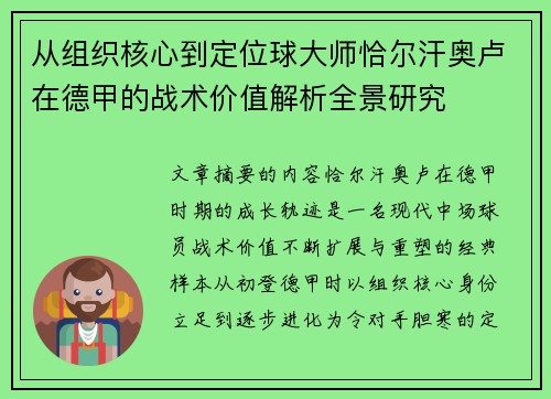 从组织核心到定位球大师恰尔汗奥卢在德甲的战术价值解析全景研究